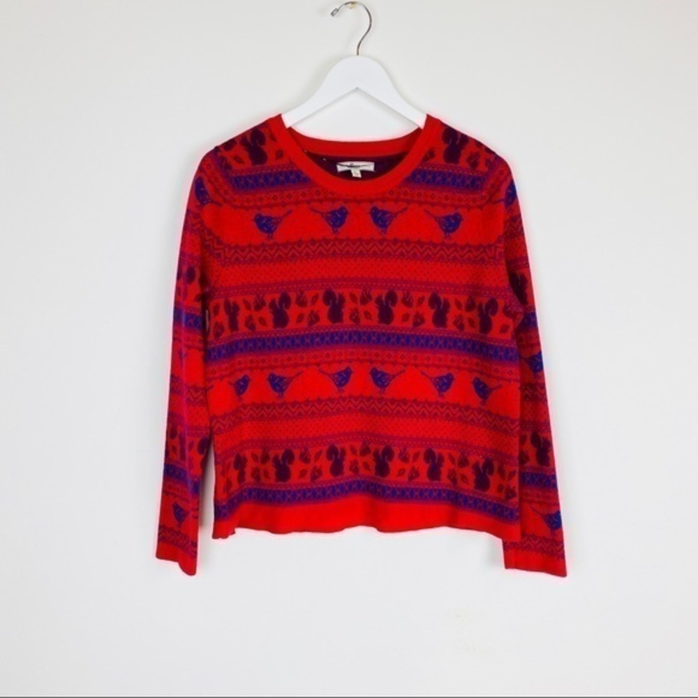 Bass Bird Squirrel Red Sweater Size Large